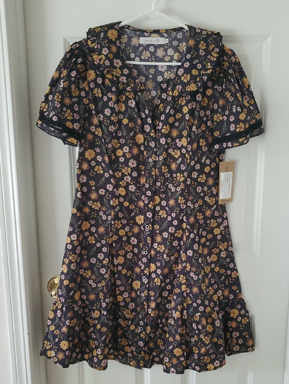 BILLY T Floral Button-Up Ruffle Mini Dress in Black with Multicolor Flowers S